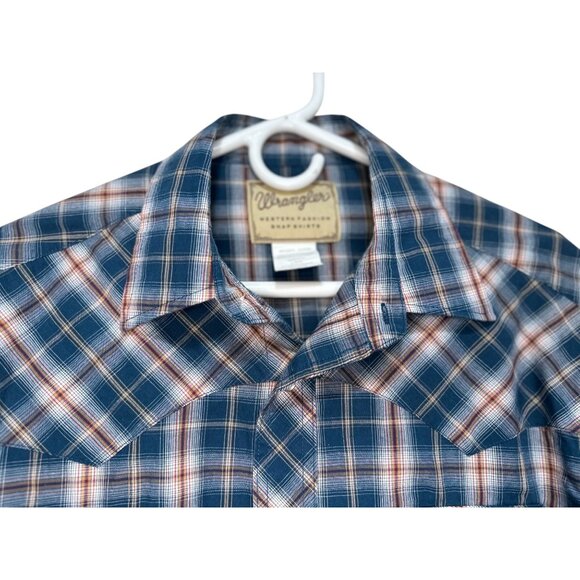 Wrangler Western Button Down Tshirt Womens Large Blue Plaid Pearl Snap Cowgirl - Picture 6 of 16